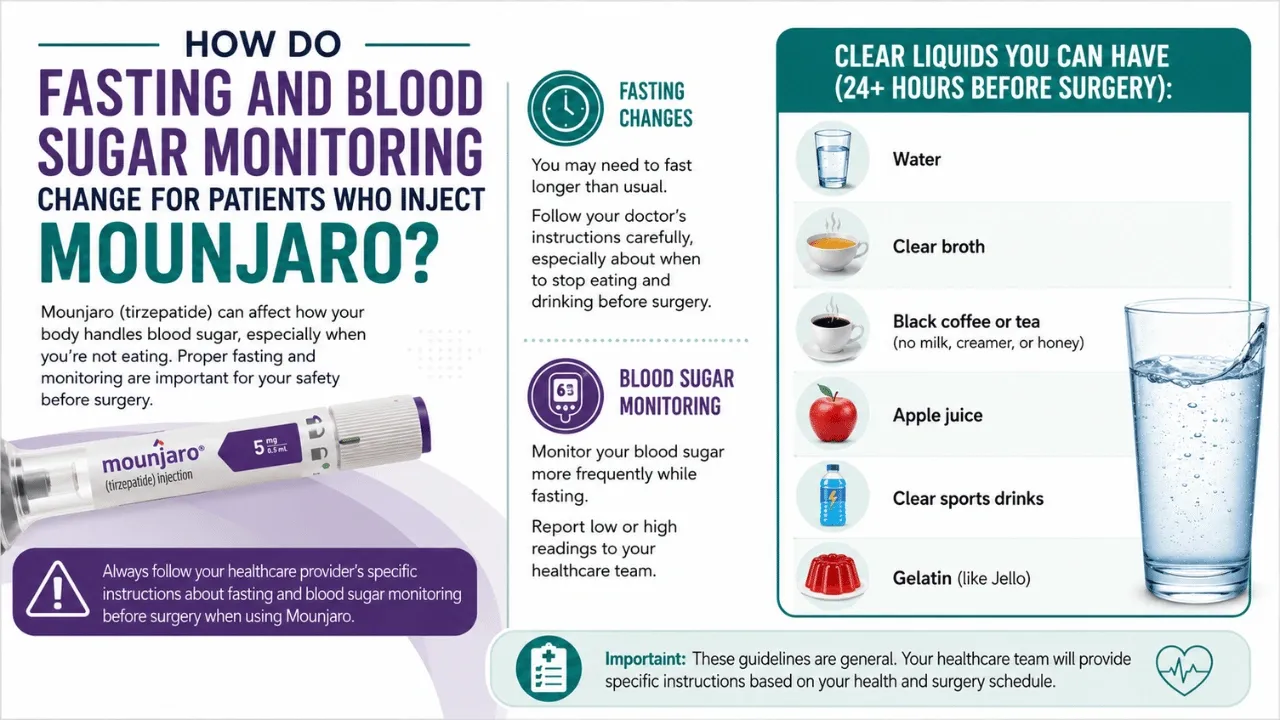 How do fasting and blood sugar monitoring change for patients who inject Mounjaro?