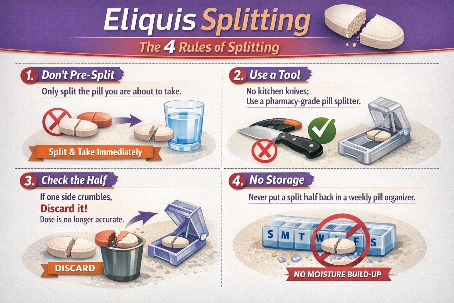 If you are wondering "Can Eliquis be cut in half?", always use a dedicated pill splitter to ensure an even dose.